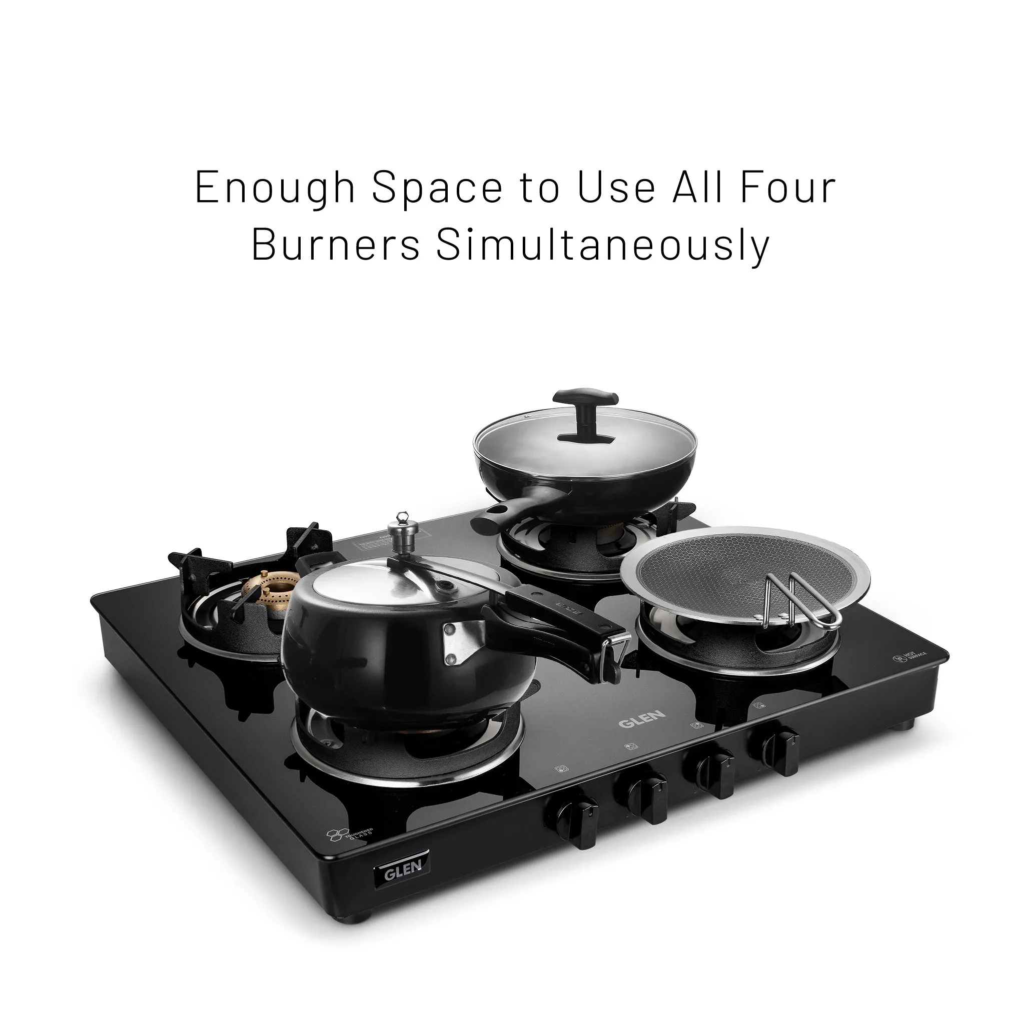 4 Burner Glass Gas Stove with High Flame Brass Burner and Crown Pan Supports (CT 1042 GT BB BL HF CP) - Manual/Auto Ignition