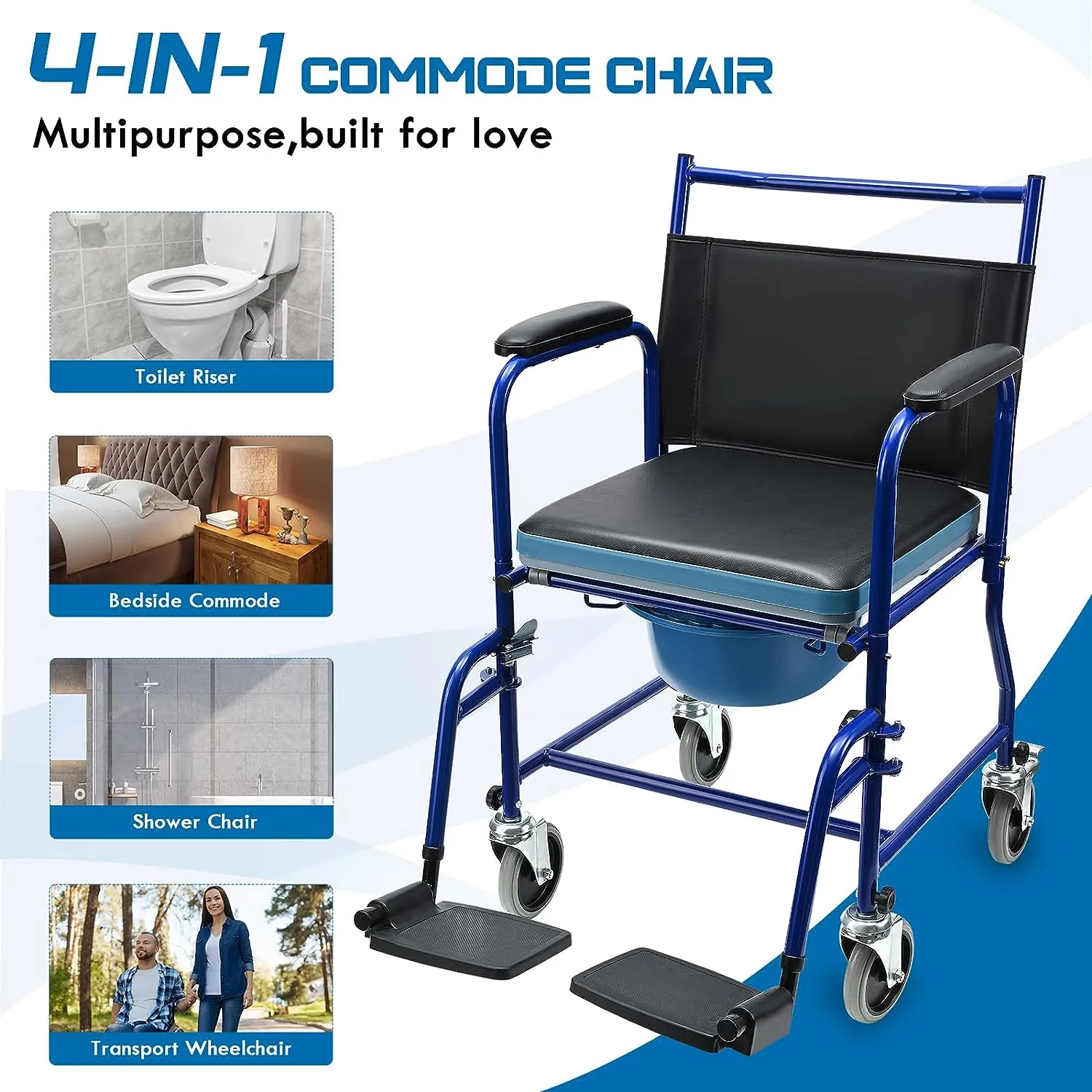 4 in 1 Bedside Commode Chair I Transport Shower Wheelchair I Rolling Shower Chair I Rolling Over Toilet Chair for Elderly Injured and Disabled