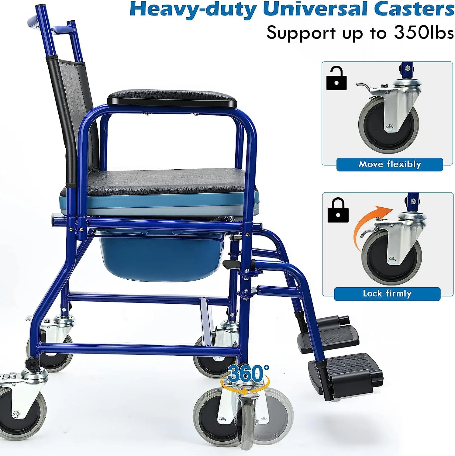 4 in 1 Bedside Commode Chair I Transport Shower Wheelchair I Rolling Shower Chair I Rolling Over Toilet Chair for Elderly Injured and Disabled