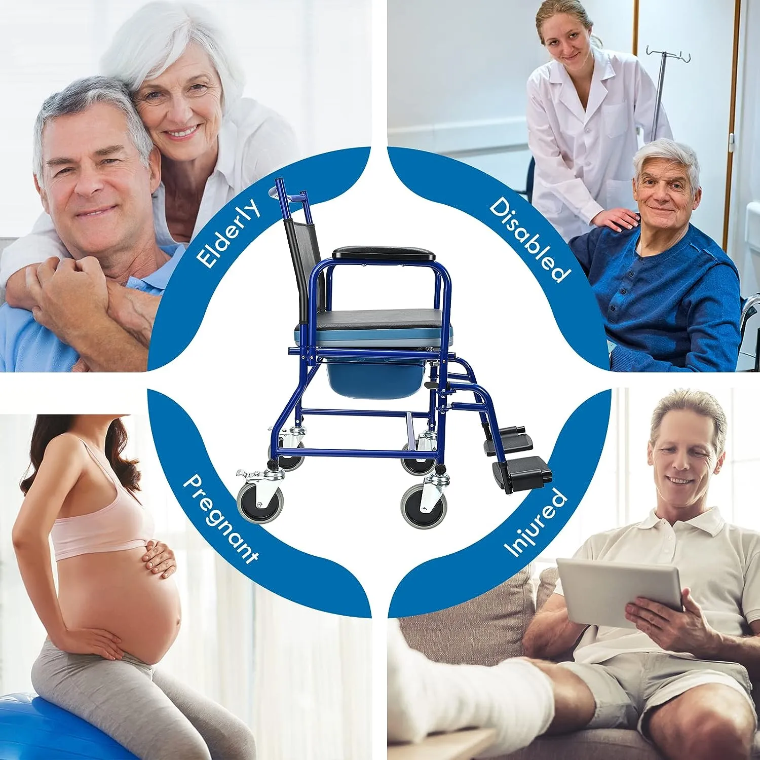4 in 1 Bedside Commode Chair I Transport Shower Wheelchair I Rolling Shower Chair I Rolling Over Toilet Chair for Elderly Injured and Disabled
