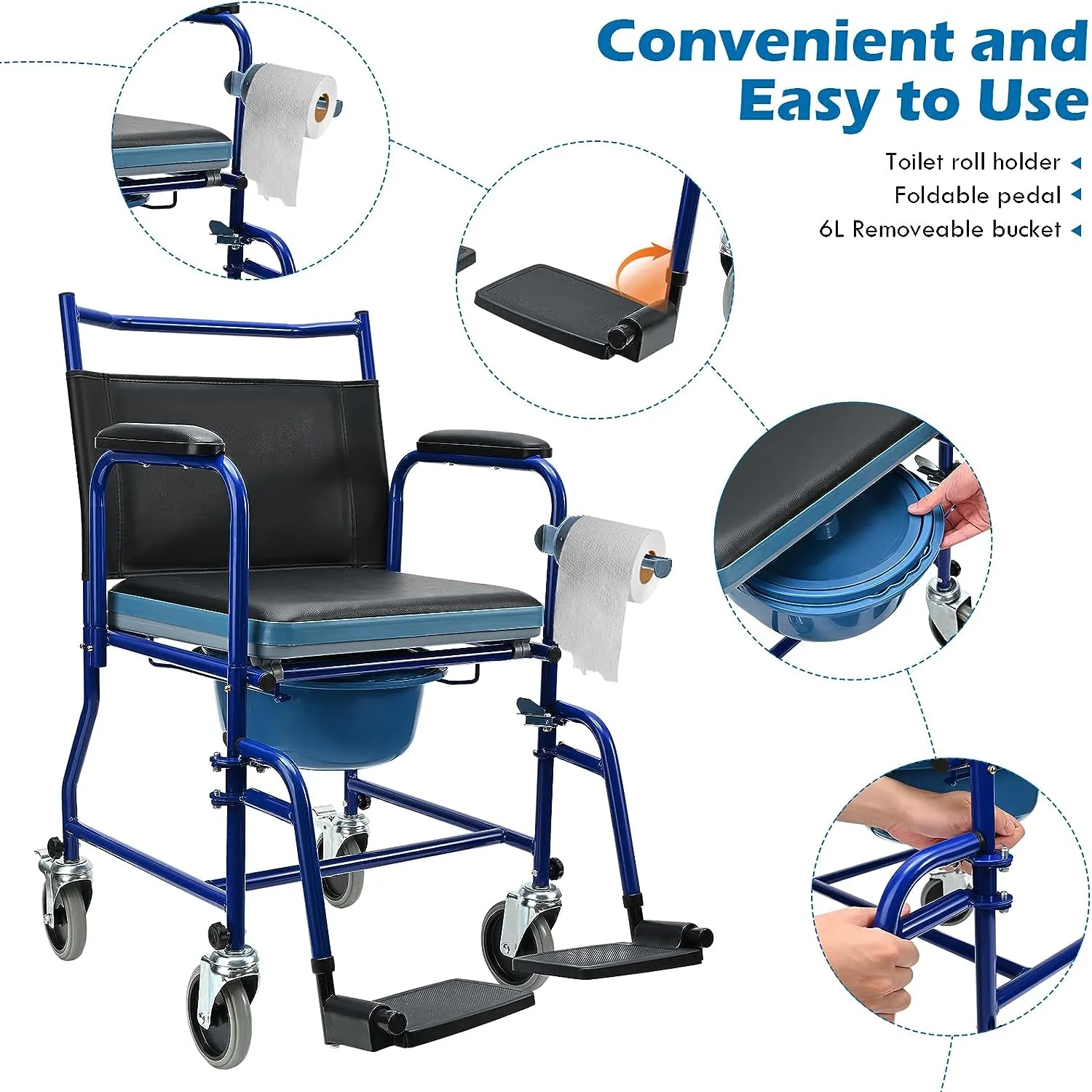 4 in 1 Bedside Commode Chair I Transport Shower Wheelchair I Rolling Shower Chair I Rolling Over Toilet Chair for Elderly Injured and Disabled