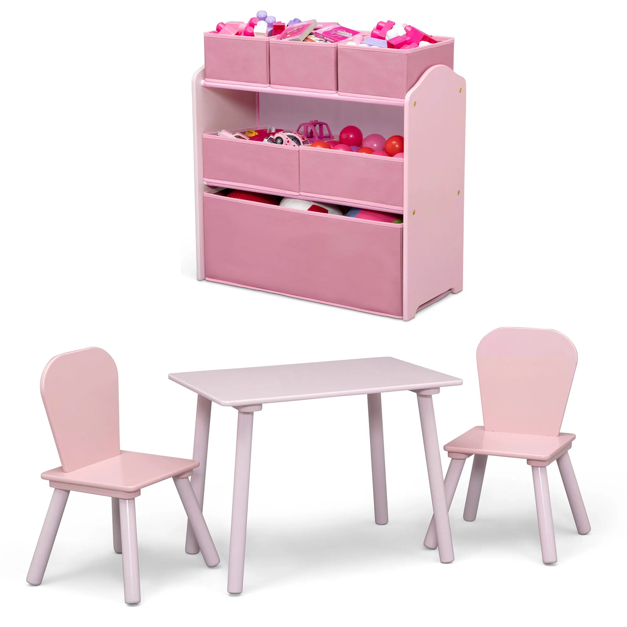 4-Piece Toddler Playroom Set – Includes Play Table with Dry Erase Tabletop and 6 Bin Toy Organizer with Reusable Vinyl Cling Stickers