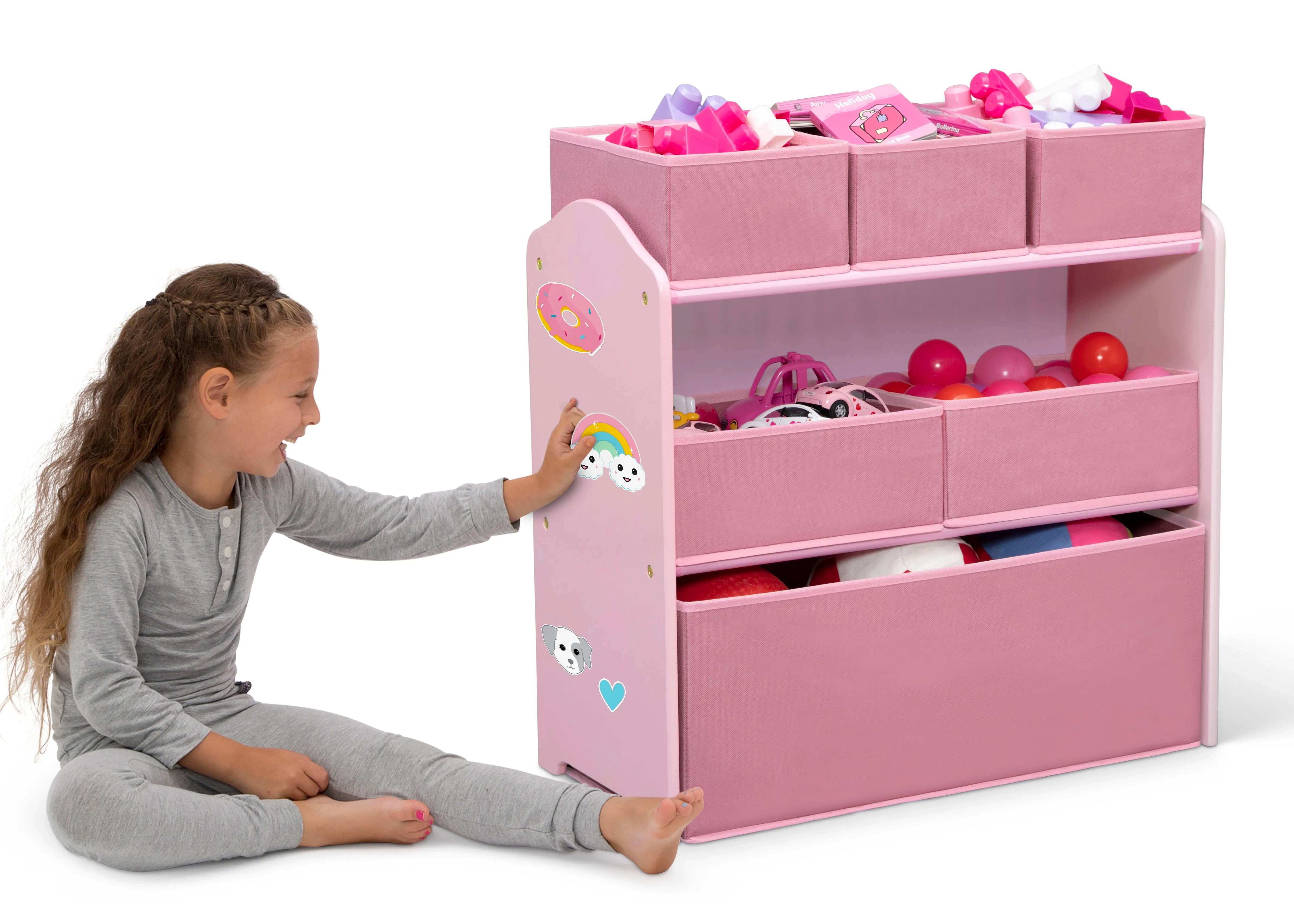 4-Piece Toddler Playroom Set – Includes Play Table with Dry Erase Tabletop and 6 Bin Toy Organizer with Reusable Vinyl Cling Stickers