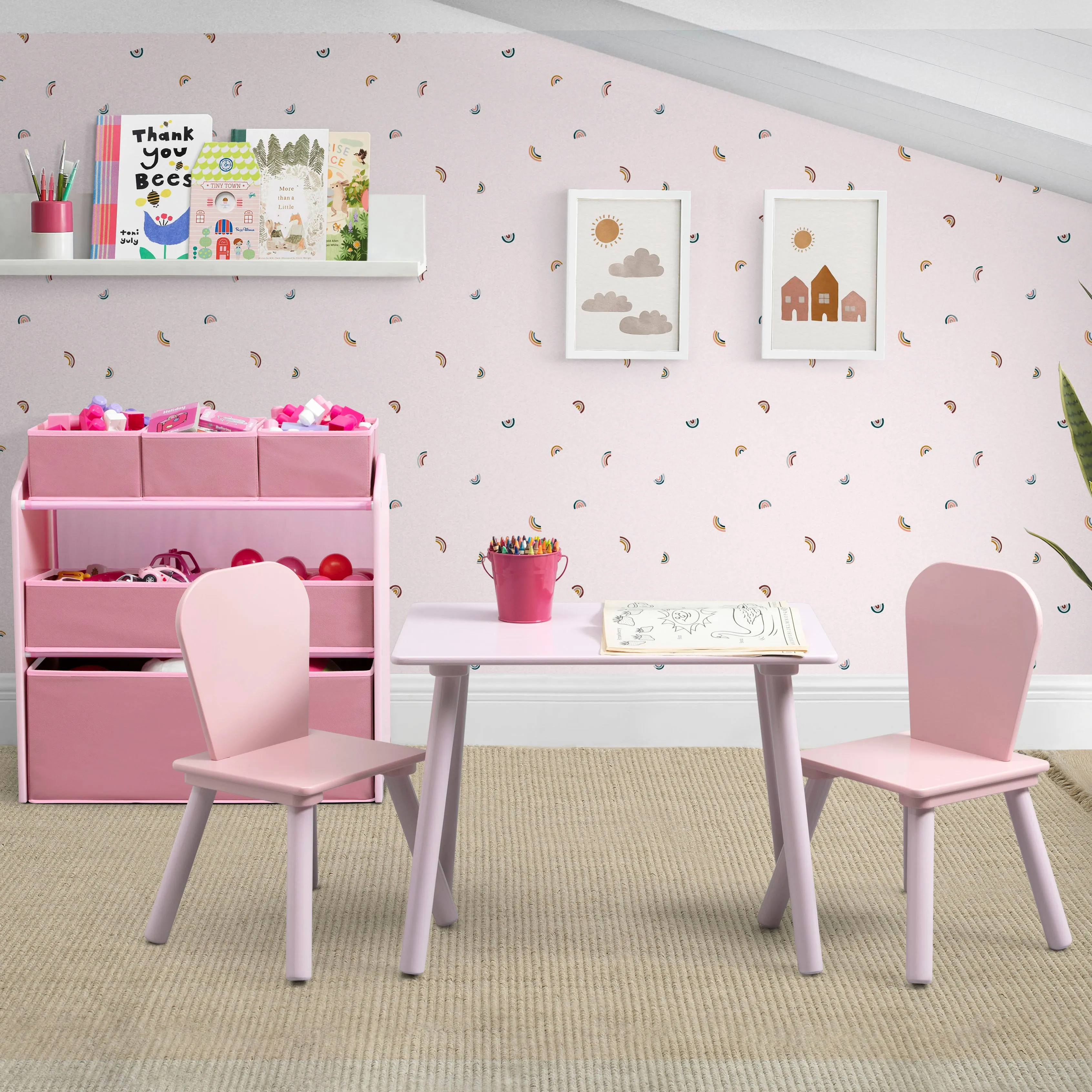 4-Piece Toddler Playroom Set – Includes Play Table with Dry Erase Tabletop and 6 Bin Toy Organizer with Reusable Vinyl Cling Stickers