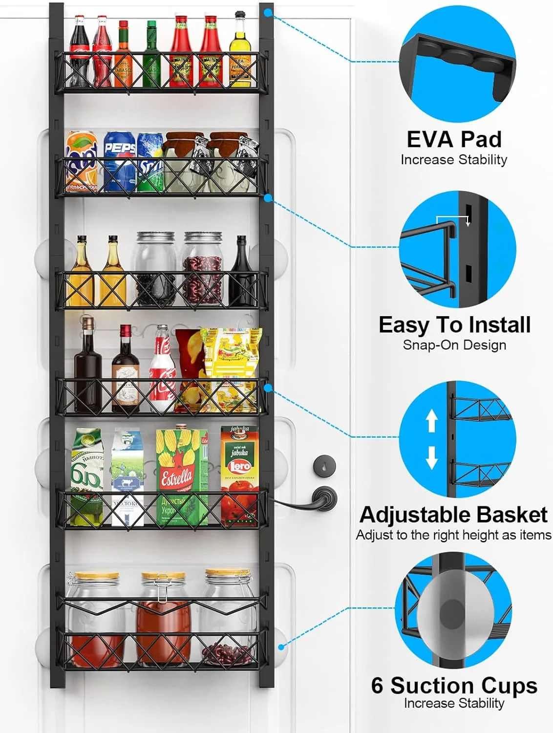 6 Tier Adjustable Baskets Over Door Pantry Organiser | Home Kitchen Storage Solution
