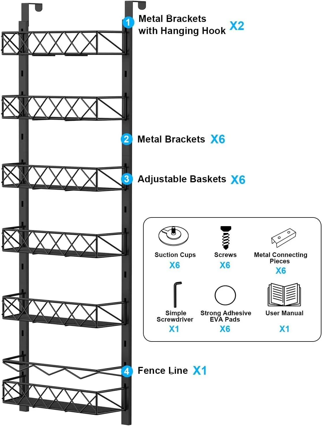 6 Tier Adjustable Baskets Over Door Pantry Organiser | Home Kitchen Storage Solution