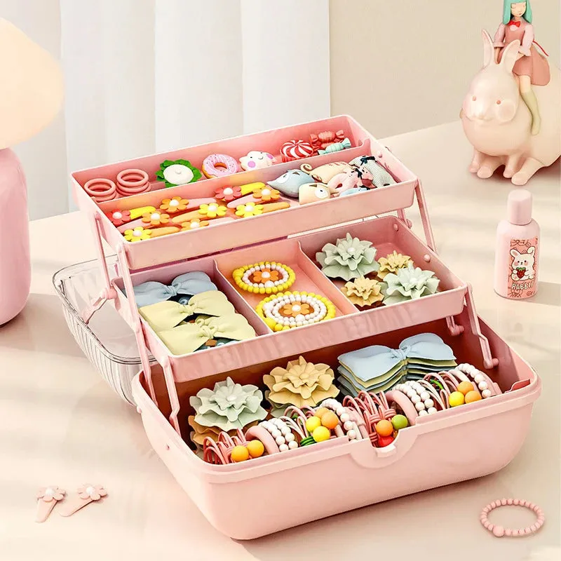 Cute Girl Jewelry Case Multipurpose Organizer with Handle Three-Layer Storage Box for Hairpin Accessory