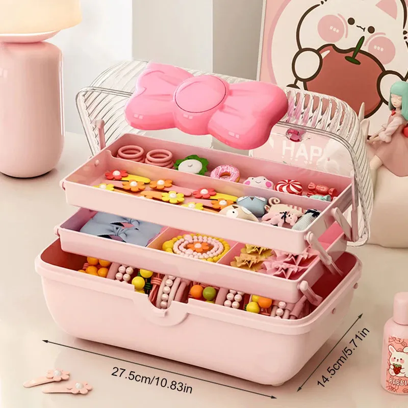 Cute Girl Jewelry Case Multipurpose Organizer with Handle Three-Layer Storage Box for Hairpin Accessory