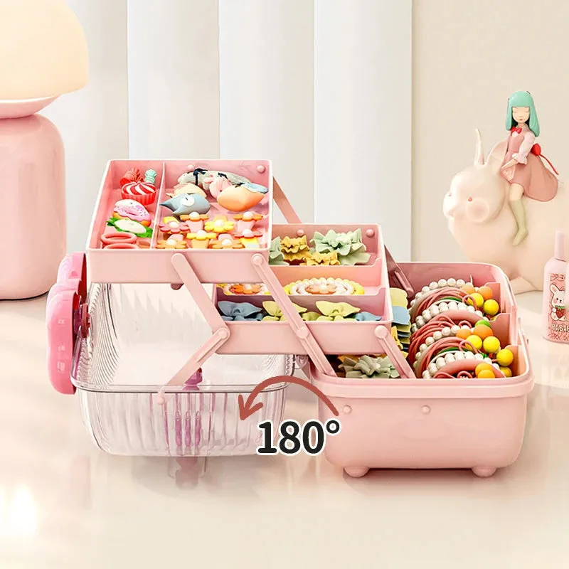 Cute Girl Jewelry Case Multipurpose Organizer with Handle Three-Layer Storage Box for Hairpin Accessory