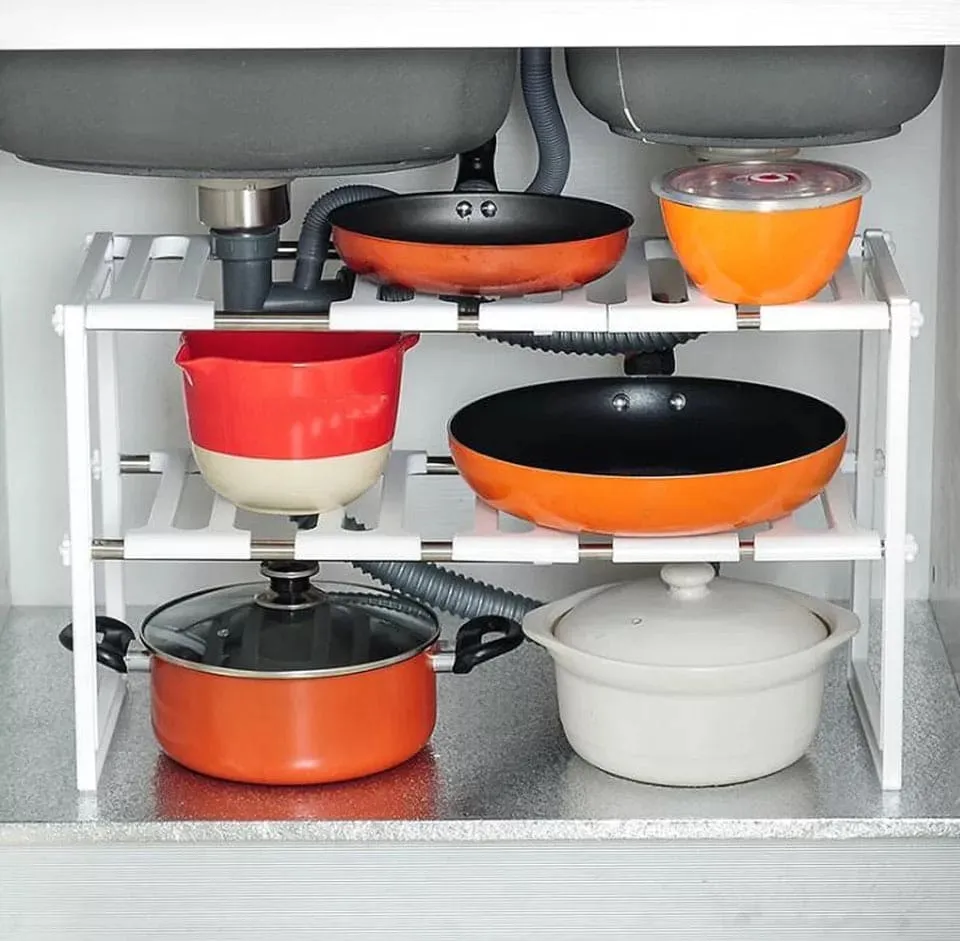 Double Layer Metal Adjustable Under Sink Shelf, Multifunction Utensils Holder, Kitchen Stainless Steel Floor Type Adjustable Rack, 2 Layer Extendable Dishes Storage Under Sink Rack