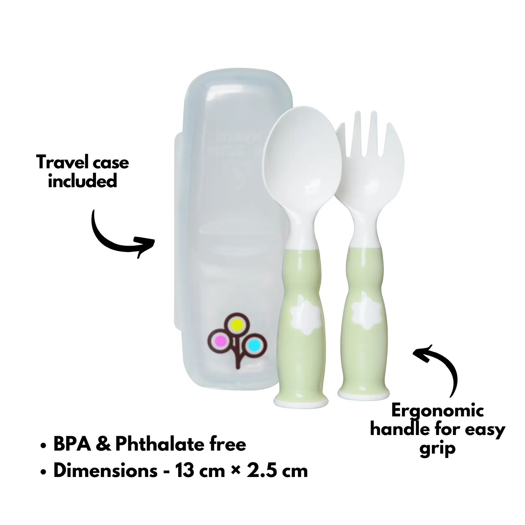 Ergonomic Fork & Spoon Set with Travel Case- Green