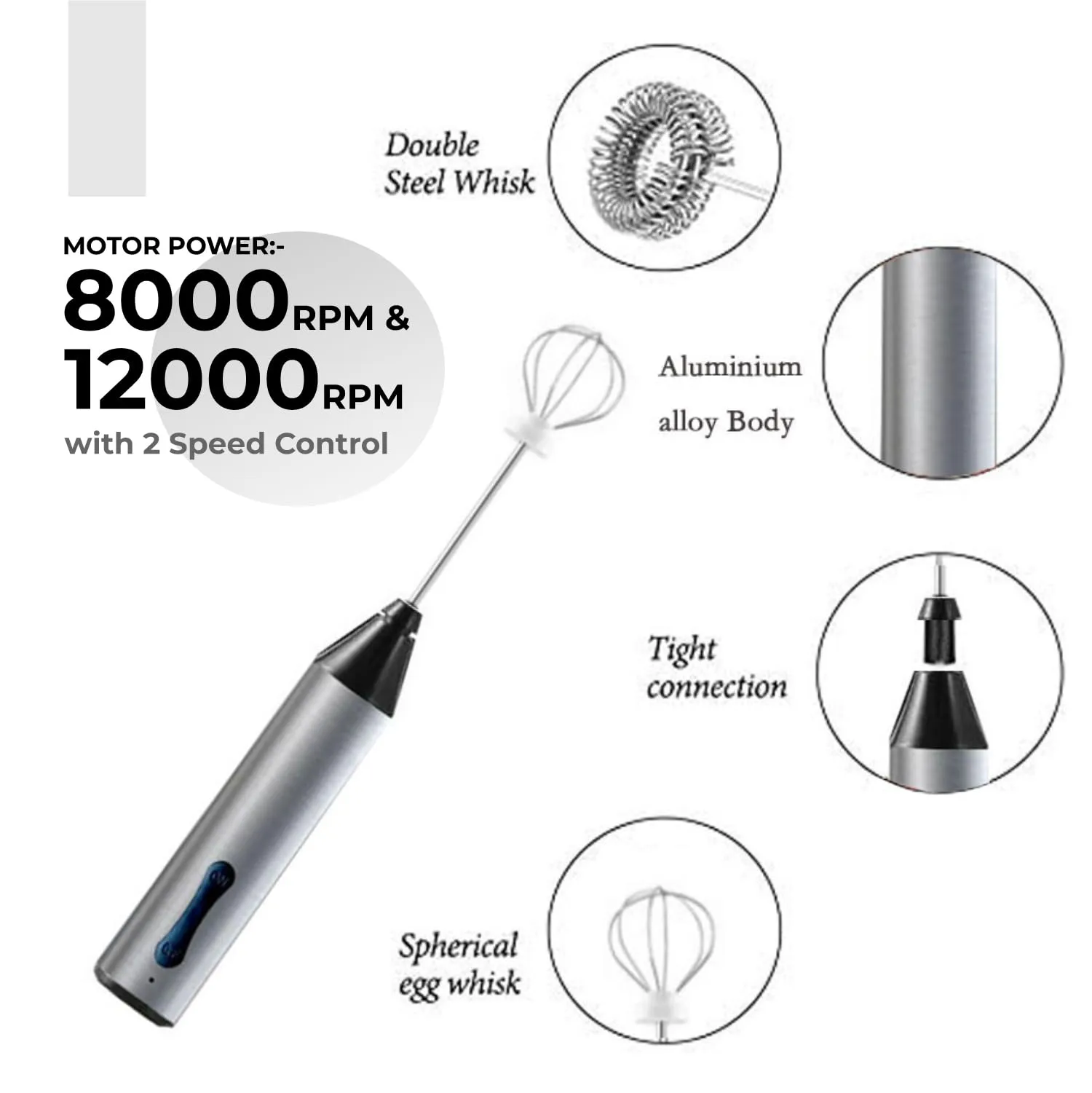 Kuber Industries Rechargeable Electric Frother for Coffee | Easy to Use Egg Beater & Whisker for Kitchen | Milk Frother & Cold Coffee Maker for Home - Silver & Black