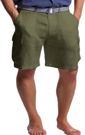 Mens Summer Workout Shorts Cotton and Linen Solid Color Multi Pockets Fashion Beach Pants Combat Vacation Casual Cool Bermuda