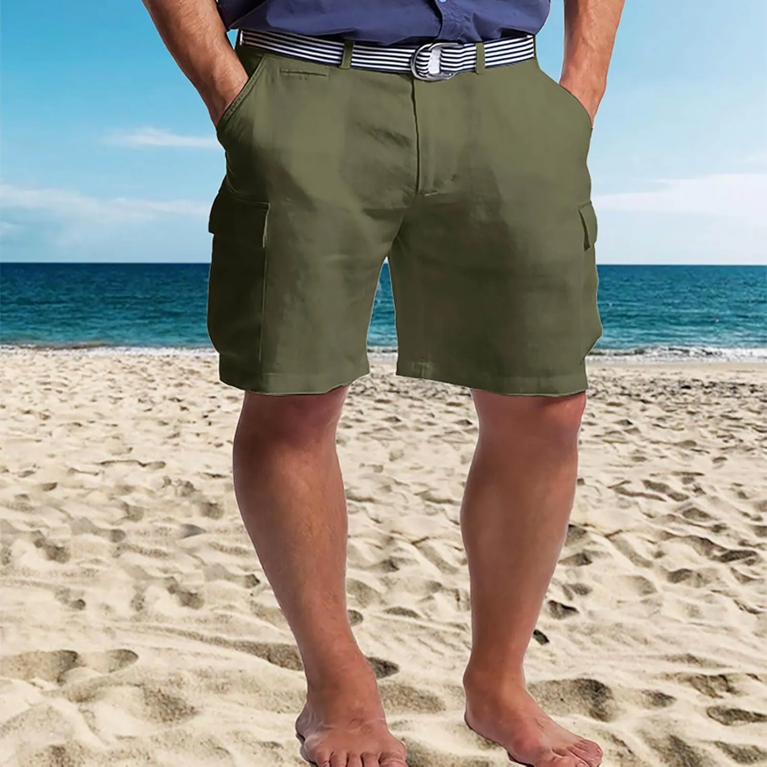 Mens Summer Workout Shorts Cotton and Linen Solid Color Multi Pockets Fashion Beach Pants Combat Vacation Casual Cool Bermuda