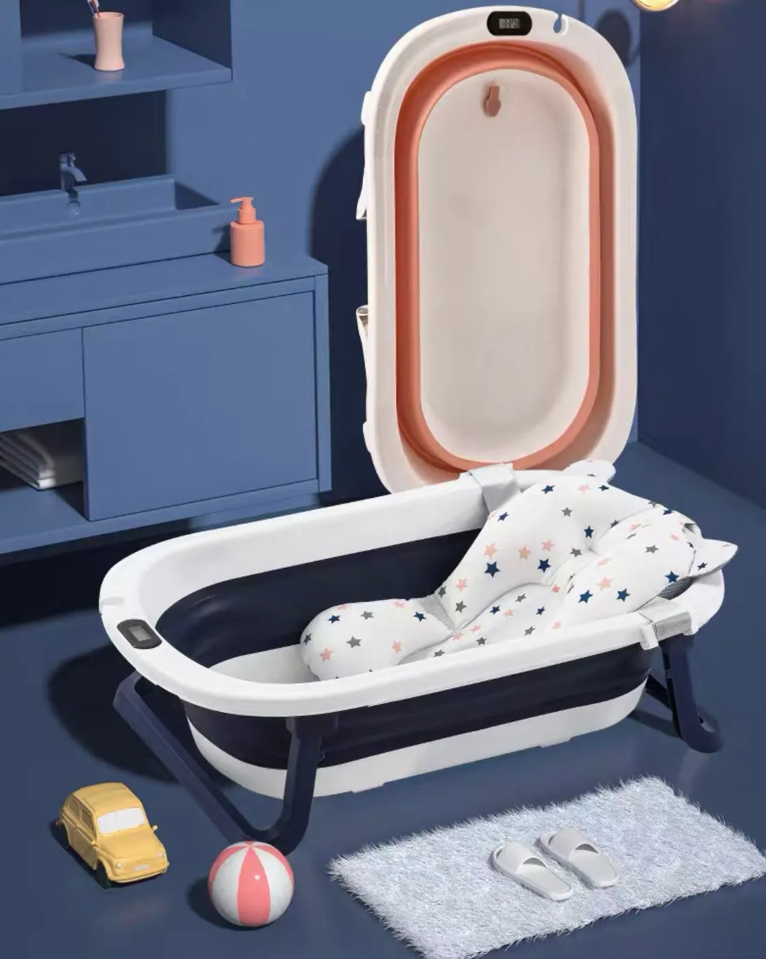 Modern Space-Saving Baby Bathtub with Supportive Pillow and Temperature Reader