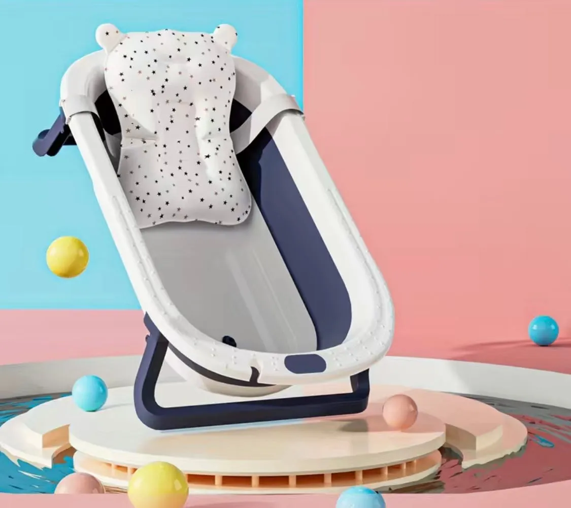 Modern Space-Saving Baby Bathtub with Supportive Pillow and Temperature Reader