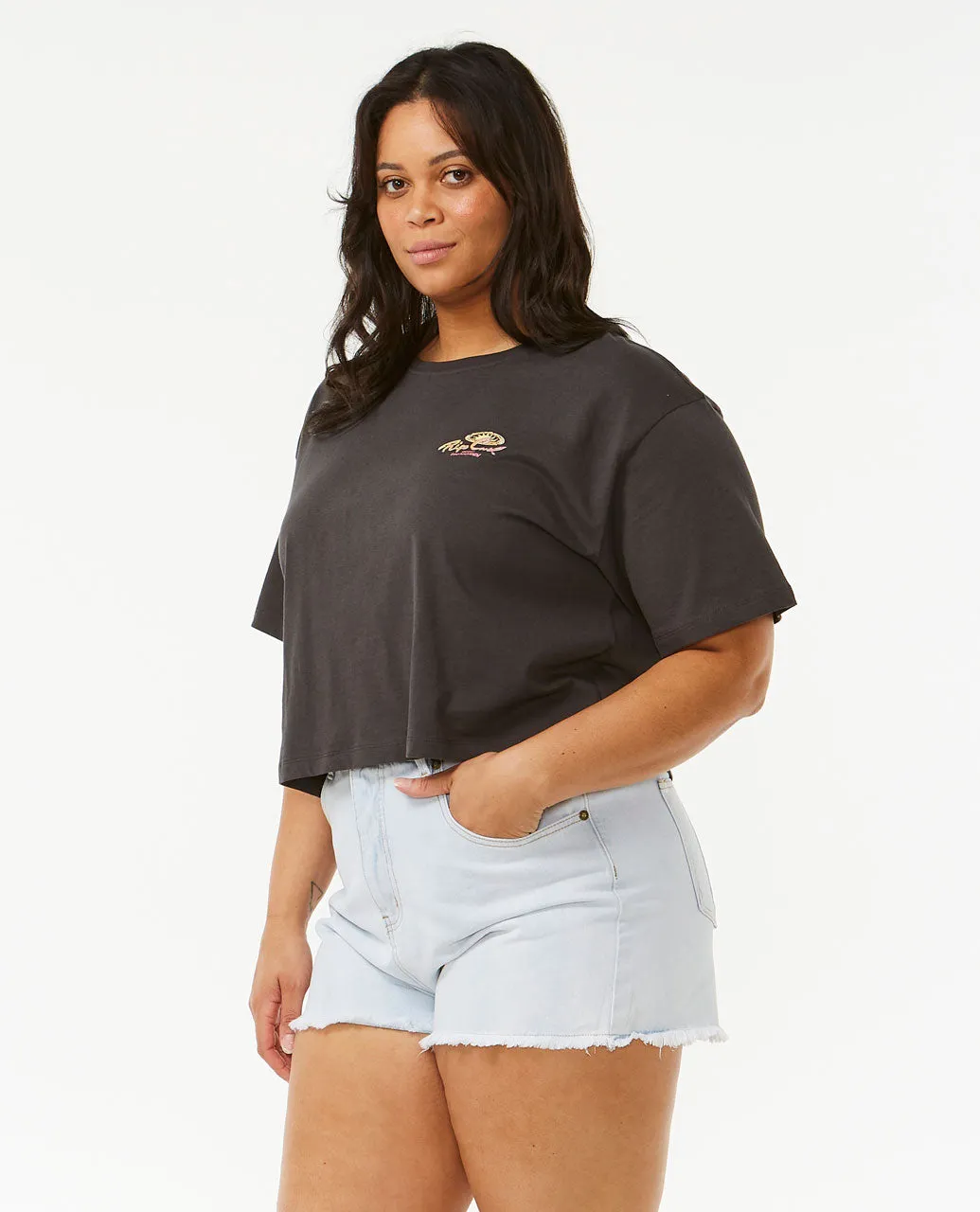 Rolling Curl Crop Tee - Washed Black